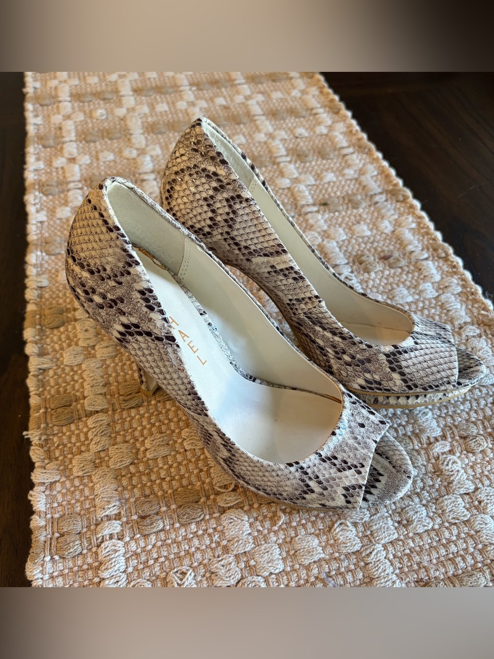 Michael Kors Snake-Print Peep Toe Pumps in Beige and Brown
Size 7.5